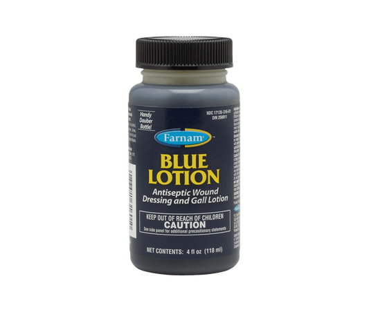 Blue Lotion is a quick-drying, deep-penetrating antiseptic wound dressing and gall lotion. Effective against bacterial infection most common in skin lesions of horses and dogs. Use as an aid in the treatment of surface wounds, minor cuts, skin abrasions, harness galls and saddle sores.