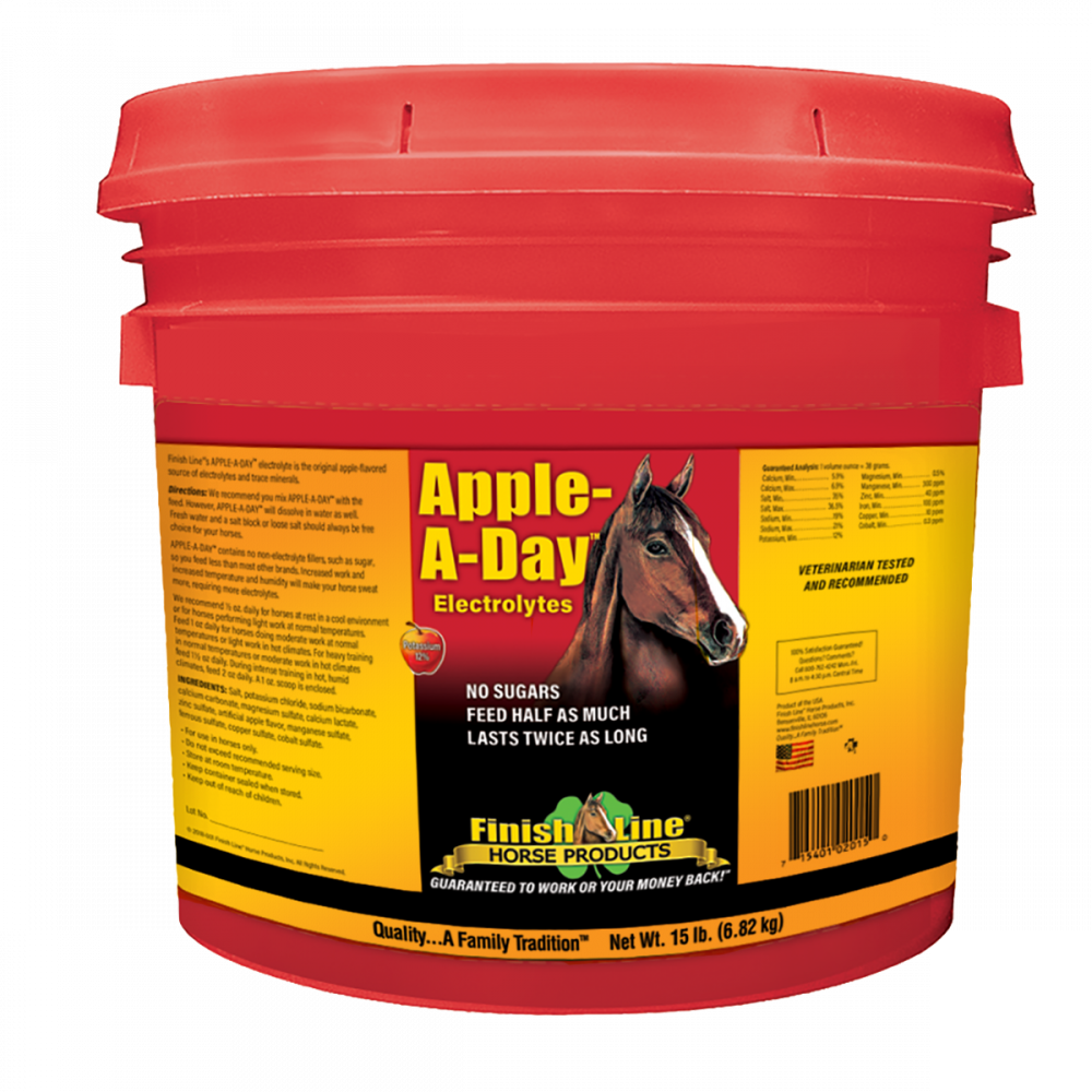 Finish Line® Electrolytes and Trace Minerals help promote healthy hydration in your horse by replacing electrolytes lost during daily activity. This electrolyte/mineral replacement replenishes electrolytes. Apple-A-Day™ was the original apple flavored, no sugar electrolyte! It is a cost-effective product that contains no fillers, no sugars and no artificial colors!