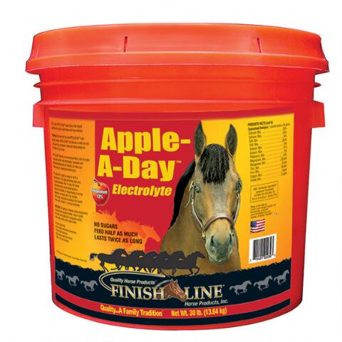 Finish Line® Electrolytes and Trace Minerals help promote healthy hydration in your horse by replacing electrolytes lost during daily activity. This electrolyte/mineral replacement replenishes electrolytes. Apple-A-Day™ was the original apple flavored, no sugar electrolyte! It is a cost-effective product that contains no fillers, no sugars and no artificial colors!