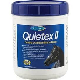 Farnam® Quietex™ II helps to keep horses calm, focused, composed, and aware in stressful situations. Its unique combination of seven all-natural active, stress-relieving ingredients works in two hours without causing drowsiness, and without drugs. It is excellent for heavy training, performance activities, competition*, racing, and trailering.
